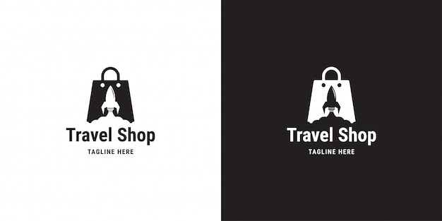 Design de logotipo de loja de viagens. foguete, bolsa, nuvem de compras, modelo de logotipo