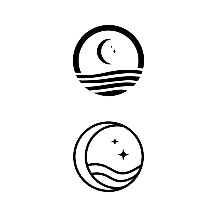 Vetor design de logotipo de lua crescente e ondas. estilo de contorno linear de luxo.
