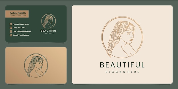 Design de logotipo de luxo de mulher bonita e modelo de cartão de visita
