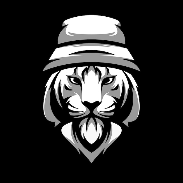 Vetor design de logotipo de mascote de chapéu de balde de tigre