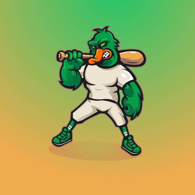 Design de logotipo de mascote de pato com estilo de conceito de ilustração moderna. duck carrega um taco de beisebol