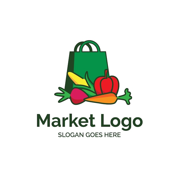 Vetor design de logotipo de mercado de vegetais frescos com sacola de compras e vegetais coloridos como cenoura de rabanete de milho e ilustração de tomate