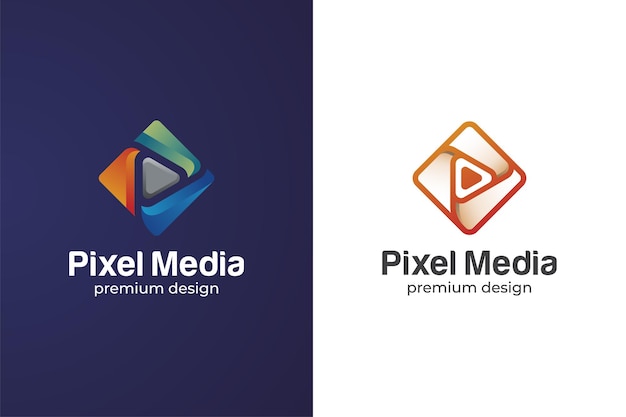 Design de logotipo de mídia de pixel com ícone de botão de reprodução, símbolo para música de estúdio, ícone de gradiente multimídia de player de vídeo