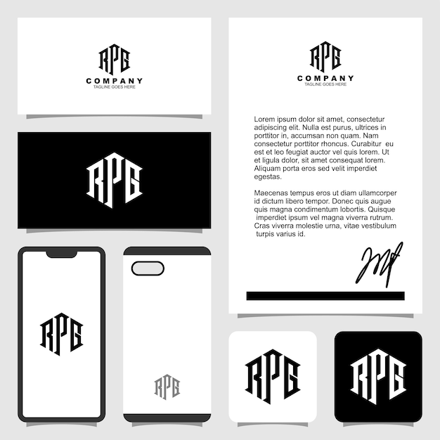 Design de logotipo de monograma rpg carta criativa com modelo de papelaria