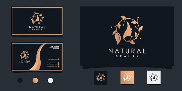 Design de logotipo de mulher de beleza natural com conceito combinado de folha e rosto para salão de beleza vekto premium