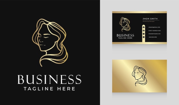 Design de logotipo de mulher de salão de beleza dourado luxuoso com modelo de cartão de visita