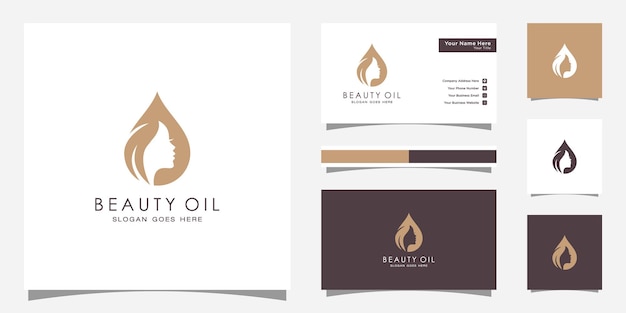Design de logotipo de óleo de beleza de mulher com rosto de mulher e modelo de design de azeite de oliva e cartão de visita