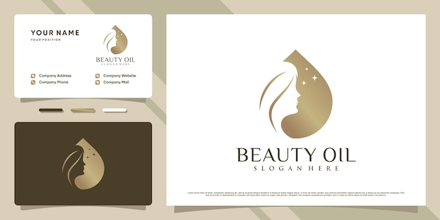 Design de logotipo de óleo de beleza para mulheres com conceito de espaço negativo e cartão de visita Vetor Premium