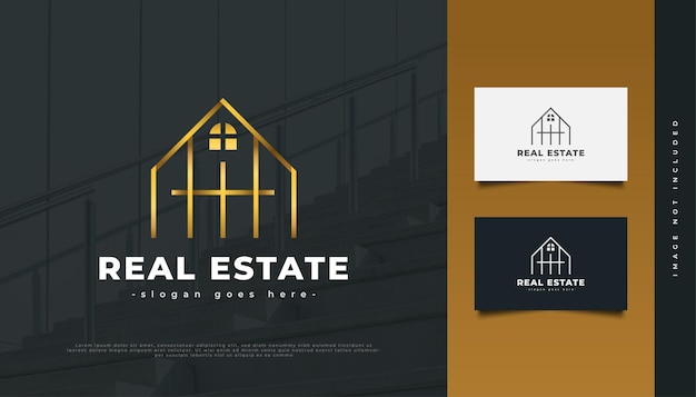 Design de logotipo de ouro imobiliário de luxo com estilo de linha. construção, arquitetura ou design de logotipo de construção