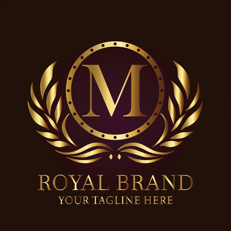 Vetor design de logotipo de ouro luxuoso da marca real m com moldura circular e coroa de louro em fundo elegante
