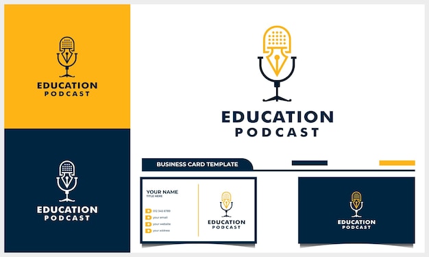 Design de logotipo de podcast com conceito de símbolo de educação e modelo de cartão de visita