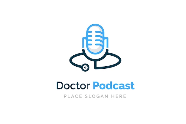 Design de logotipo de podcast de médico. símbolo da ilustração do estetoscópio e do microfone.