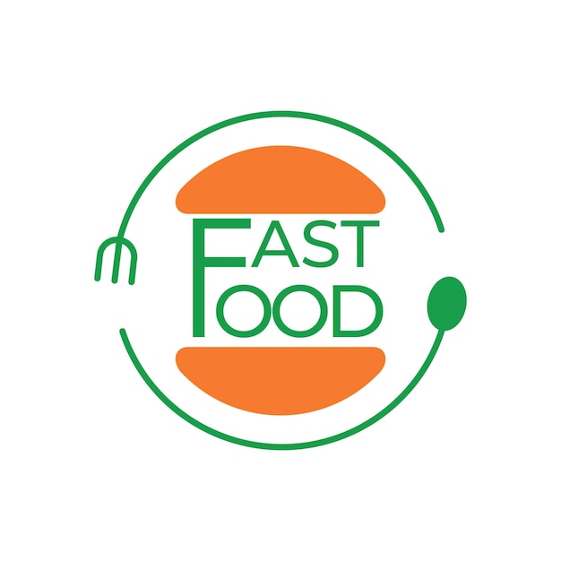 Design de logotipo de restaurante de fast food, colher de hambúrguer e sinal de garfo com verde plano e laranja