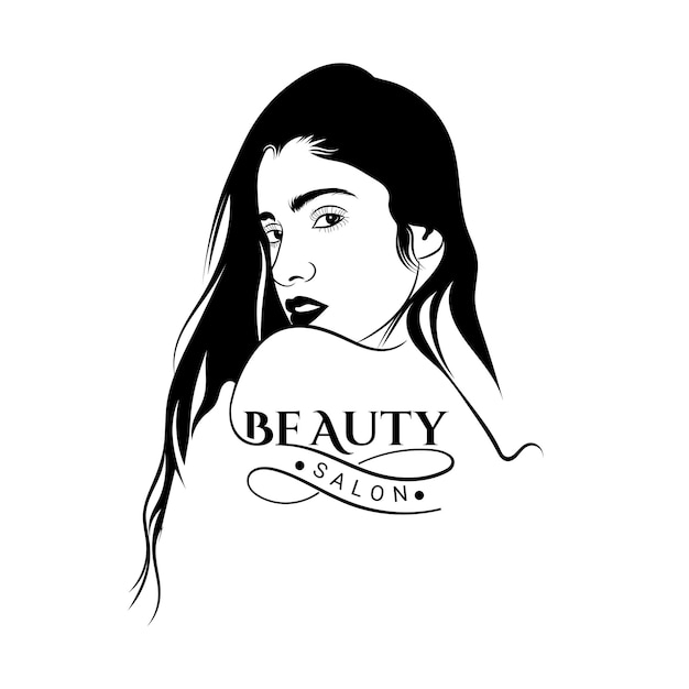 Design de logotipo de salão de beleza com ilustração e caligrafia linda garota