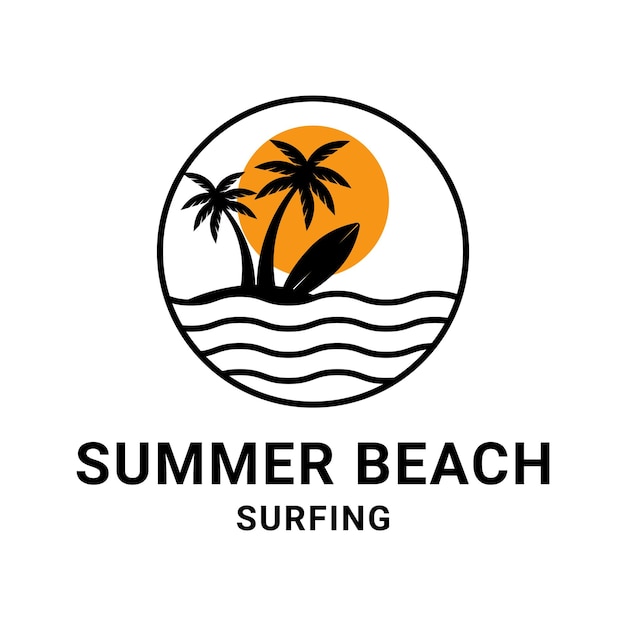 design de logotipo de surf de praia de verão conceito ideia árvore de palmeira e sol vetor rótulo círculo