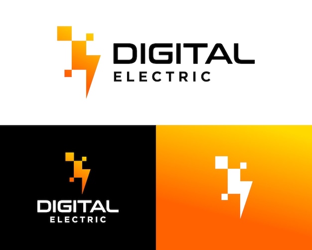 Design de logotipo de tecnologia de pixel digital elétrico de relâmpago