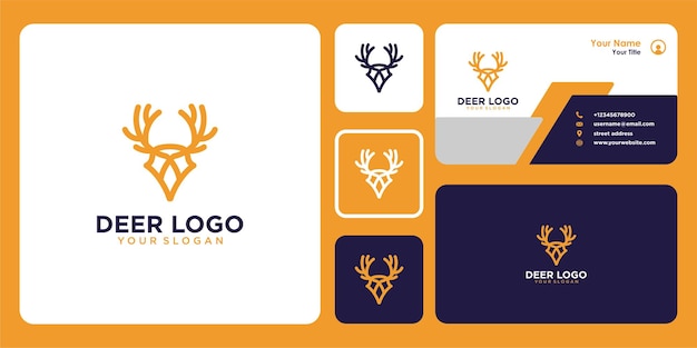 design de logotipo de veado com arte de linha e cartão de visita