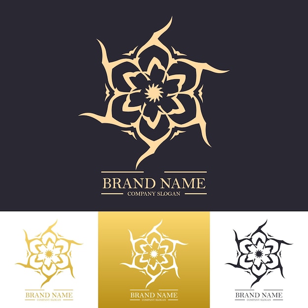 Design de logotipo de vetor de luxo em estilo linear moderno com cor dourada e conceito de flor de mandala