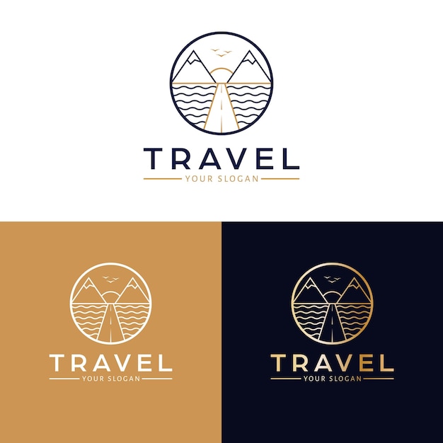 Vetor design de logotipo de vetor de viagem montanhas mar e logotipo de estrada modelo de logotipo de círculo de paisagem natural