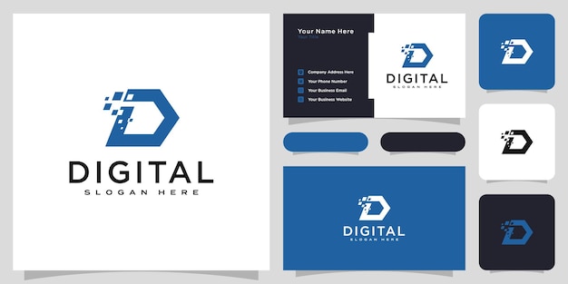 Vetor design de logotipo digital da letra d com iniciais e cartão de visita