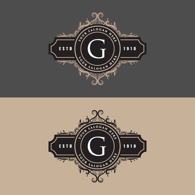 Design de logotipo distintivo feminino real luxo vintage estilo com ornamento de floreio. conjunto de letra g