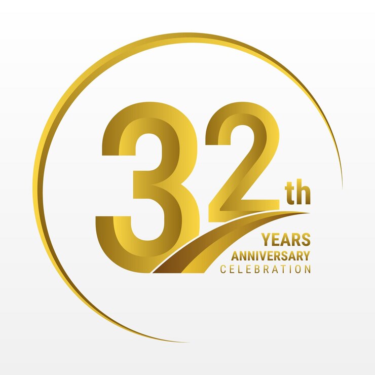 Vetor design de logotipo do 32º aniversário com cor dourada e anel logo vector template