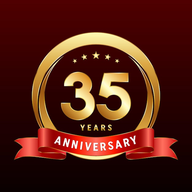 Design de logotipo do 35º aniversário com anel dourado e fita vermelha Logo Vector Template Illustration