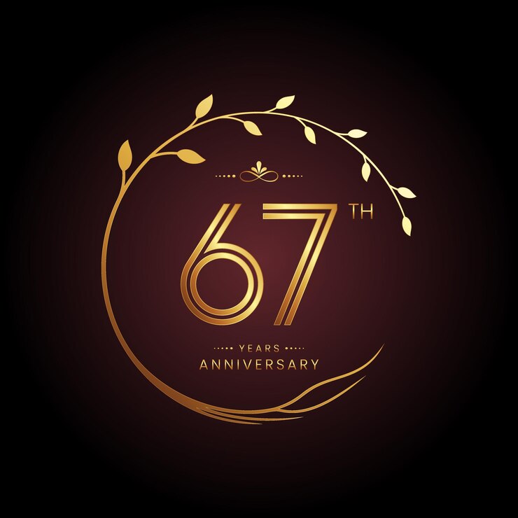 Vetor design de logotipo do 67º aniversário com um número dourado e conceito de árvore circular