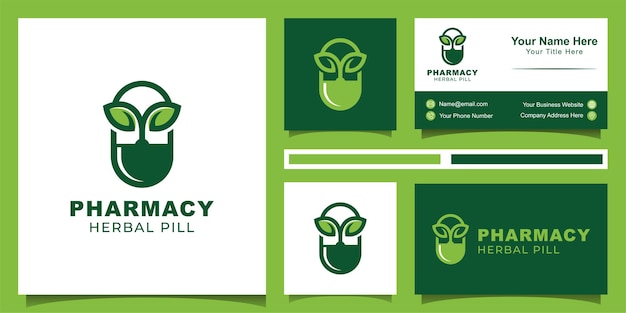 Design de logotipo do cartão de visita e design de medicamento de folha de comprimido de cápsula de ervas