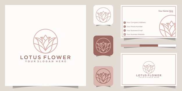 Design de logotipo do estilo de arte de linha de flor de lótus. centro de ioga, spa, logotipo de luxo do salão de beleza. design de logotipo, ícone e cartão de visita