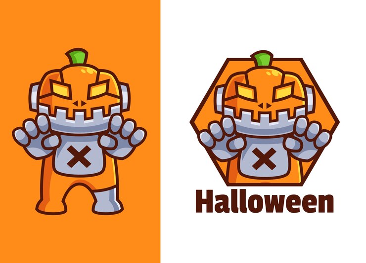 Vetor design de logotipo do mascote robô de abóbora