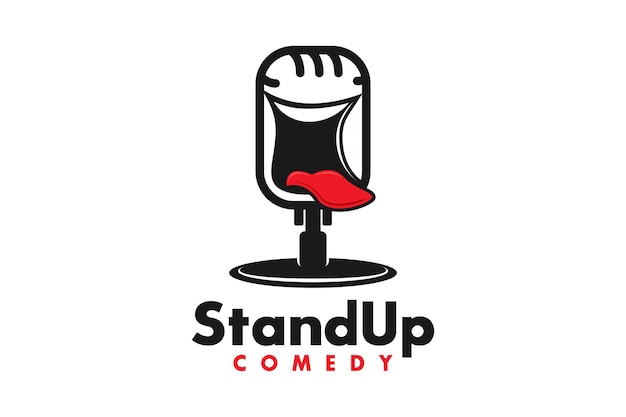 Vetor design de logotipo do stand up comedy cara sorridente e engraçada de microfone com gravata borboleta e terno de smoking