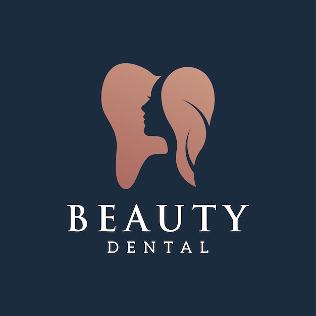 Design de logotipo facial oral, forma dos dentes dos dentes dentais do dentista e silhueta do rosto de mulher de beleza.