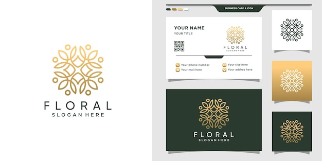 Design de logotipo floral com estilo de arte de linha e design de cartão de visita