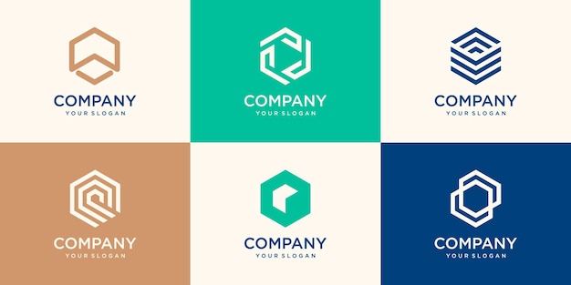 Design de logotipo hexágono com conceito de faixa, modelo de logotipo de negócios de empresa moderna