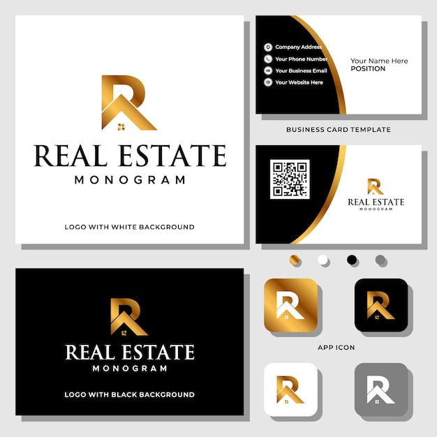Design de logotipo imobiliário com monograma letra r e modelo de cartão de visita