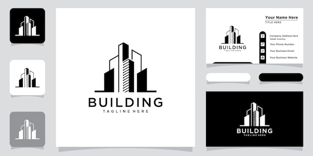 Design de logotipo imobiliário de edifício moderno criativo com design de cartão de visita vetor premium