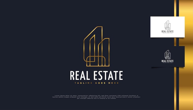 Design de logotipo imobiliário minimalista em ouro com conceito linear.