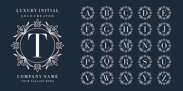 Vetor design de logotipo inicial premium com moldura floral