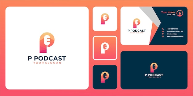 Design de logotipo letra p com podcast e cartão de visita