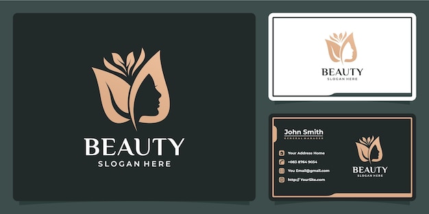 Design de logotipo luxuoso de flor de mulher de beleza e cartão de visita