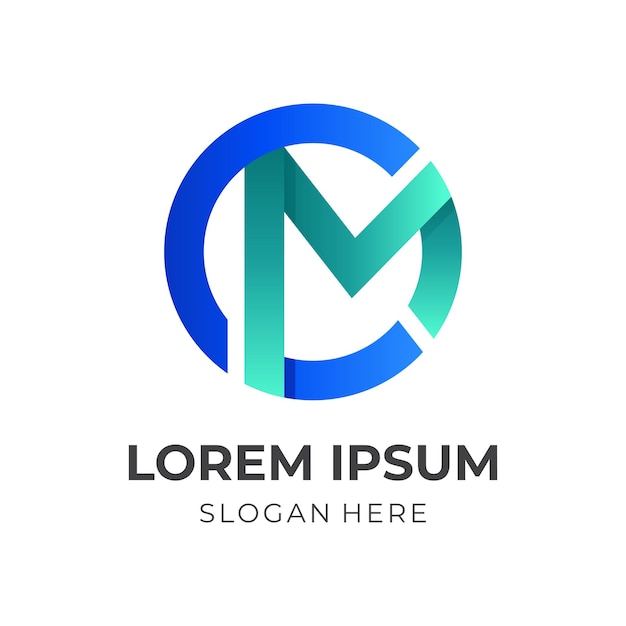 Design de logotipo monogram cm com estilo de cor verde e azul 3d