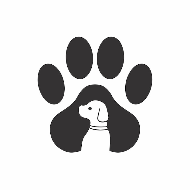 Design de logotipo para loja de animais com cachorro no meio de patas de cachorro estêncil de animais ilustração vetorial plana