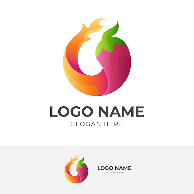 Design de logotipo quente de pimentão, pimenta e fogo, logotipo de combinação com estilo de cor vermelho e laranja 3d