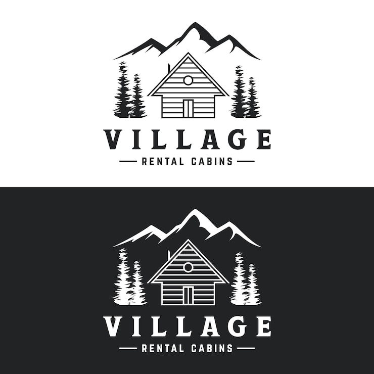Vetor design de logotipo rústico vintage de cabana ou chalé com vista para a floresta e a montanha