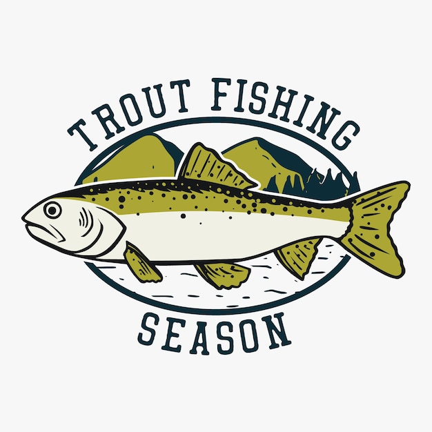 Design de logotipo, temporada de pesca de trutas com ilustração vintage de peixes trutas