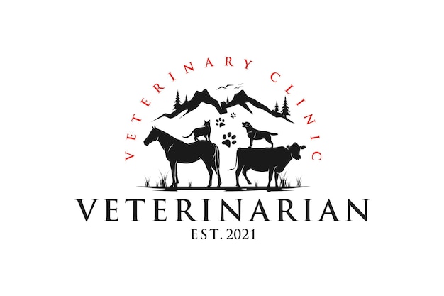 Design de logotipo veterinário com silhueta animal cavalo vaca cão gato montanha ícone símbolo