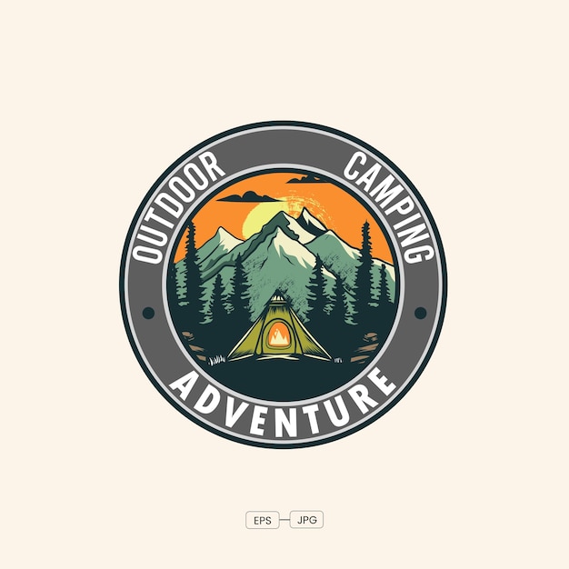 Design de logotipo vetorial de aventura de fogueira de acampamento ao ar livre