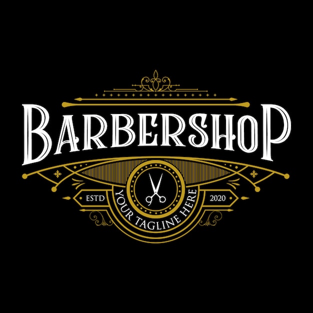 Design de logotipo vintage de barbearia. Vintage letras ilustração premium em fundo escuro.