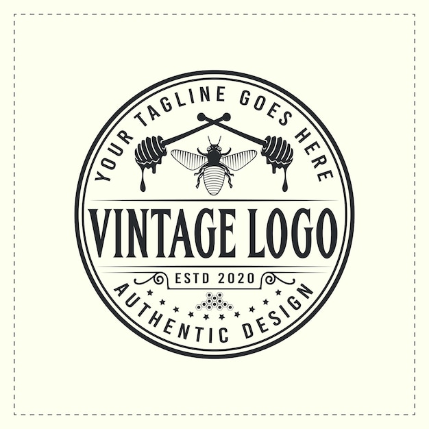 Design de logotipo vintage retrô de abelha de mel com distintivo